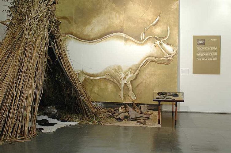 Rekonstrukcja szałasu z epoki kamienia na potrzeby wystawy Dawno, dawno temu